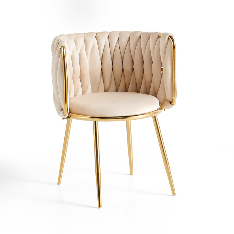 Chaise de salle à manger 1290, velours et dossier tressé, Beige
