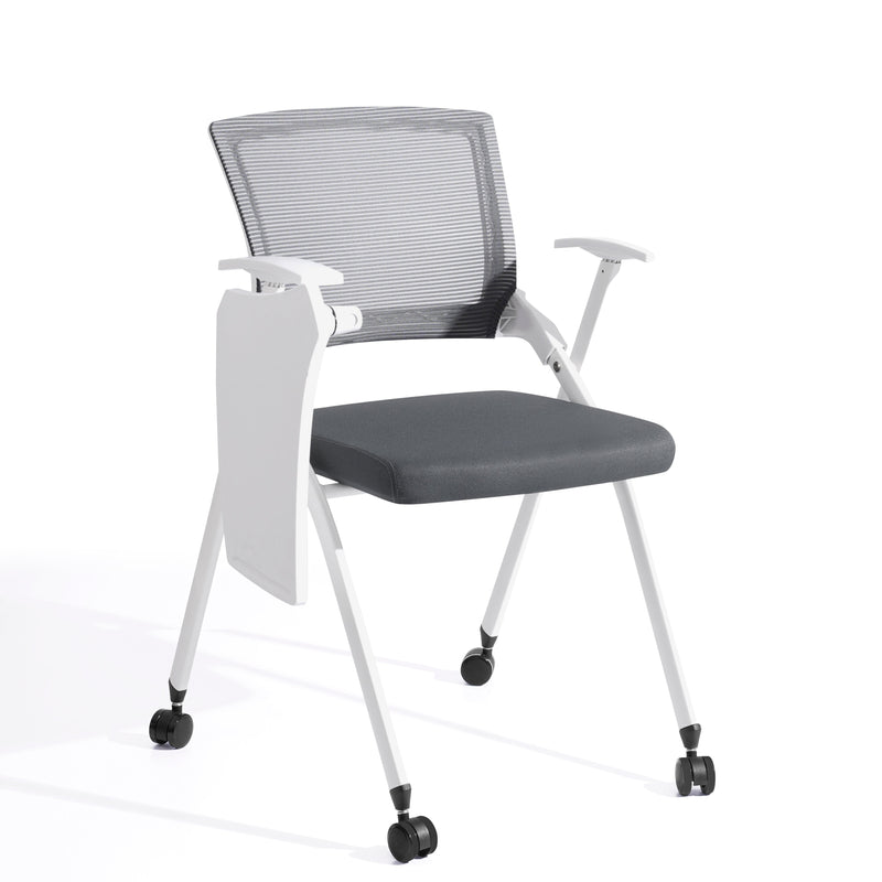 Chaise de conférence A05, pieds en métal pliants, Gris foncé, avec tablette et roulettes
