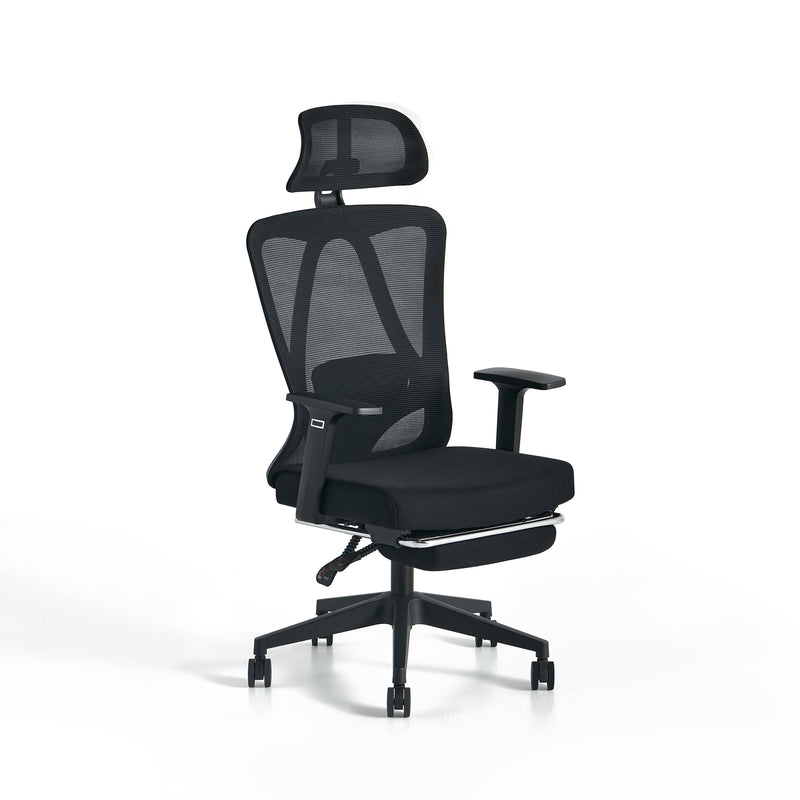 Fauteuil de bureau 081, ergonomique et inclinable, Noir, avec repose-pieds
