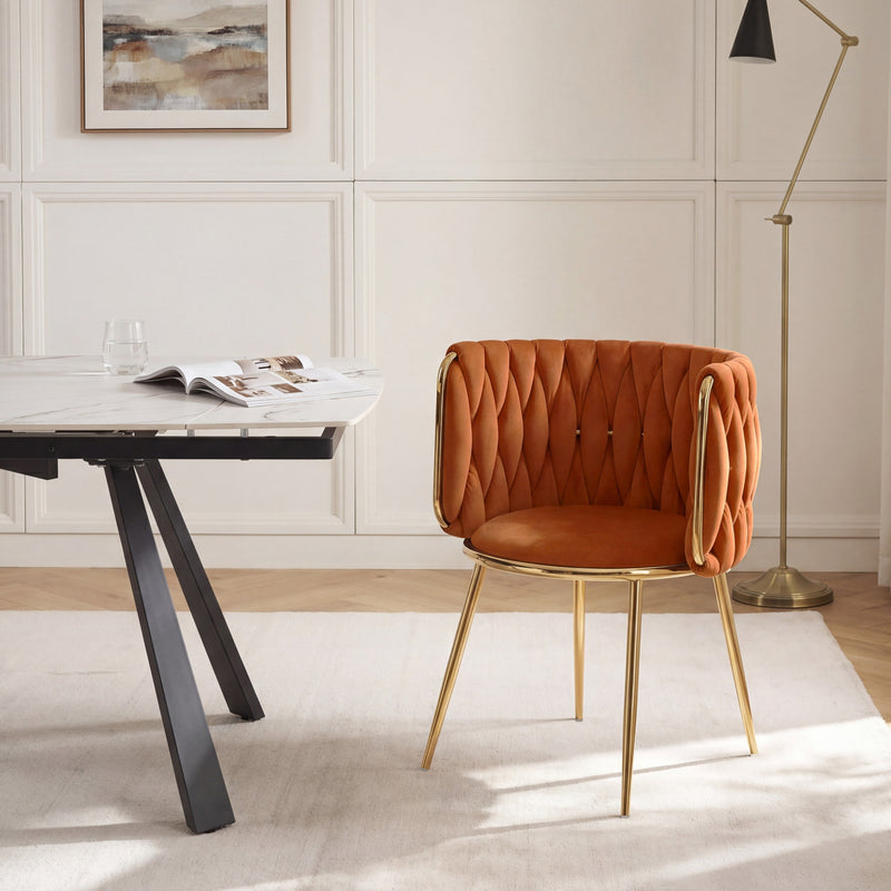 Chaise de salle à manger 1290, velours et dossier tressé, Orange
