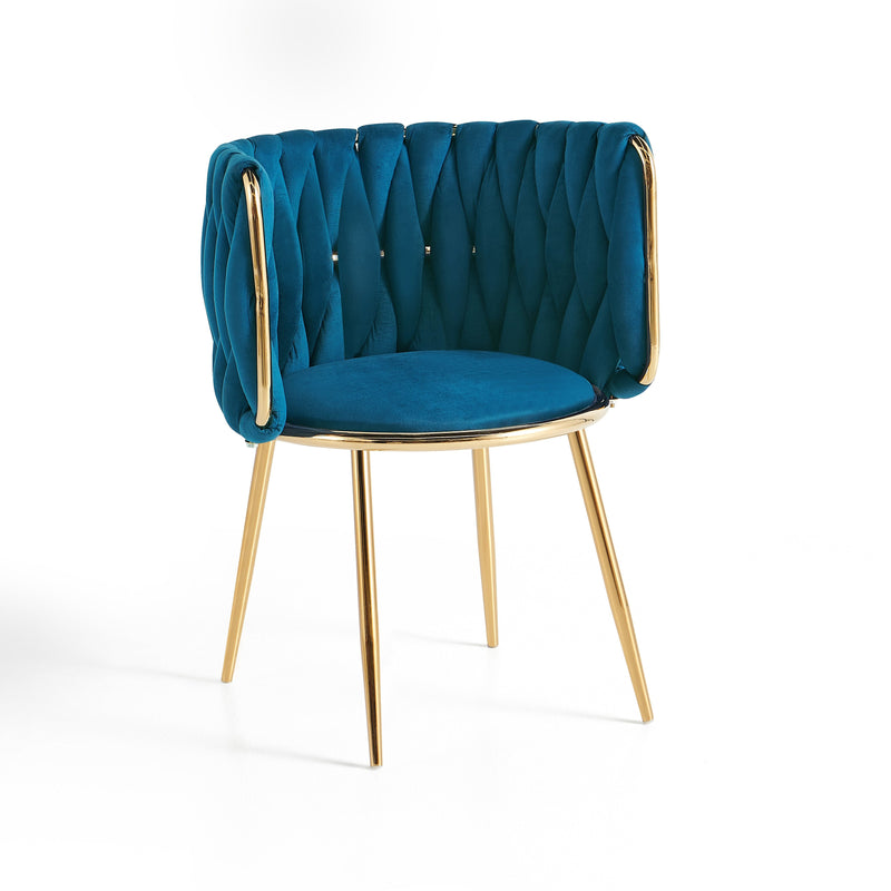 Chaise de salle à manger 1290, velours et dossier tressé, Bleu canard

