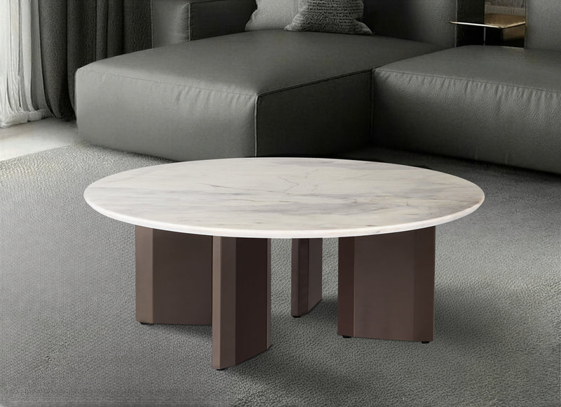 Table basse ronde Still, pierre naturelle et acier, Blanc
