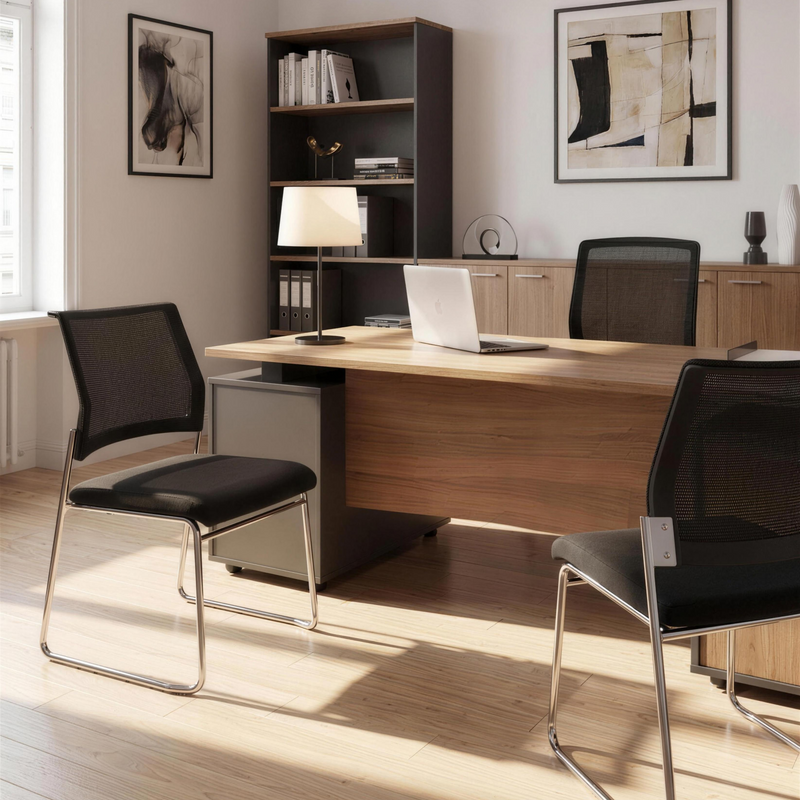 Chaise de conférence D65, dossier résille et piètement luge, Noir
