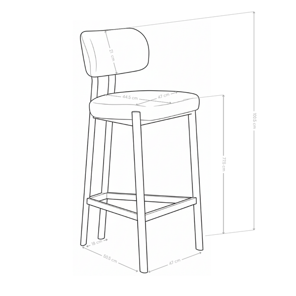 Tabouret de bar DR2514, assise tapissée pieds en acier