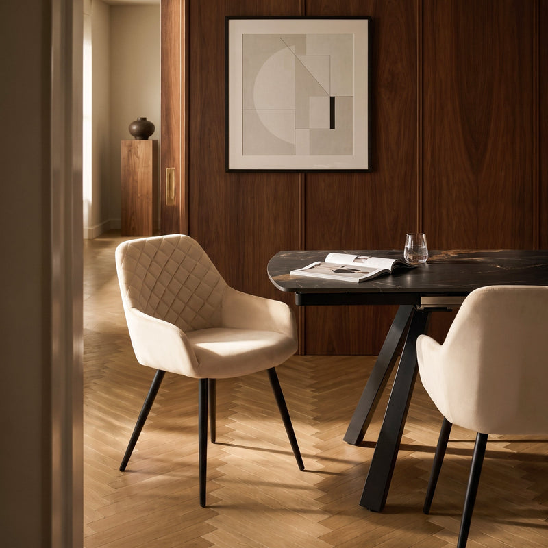 Chaise de salle à manger DR2522, velours et pieds en acier, Beige clair
