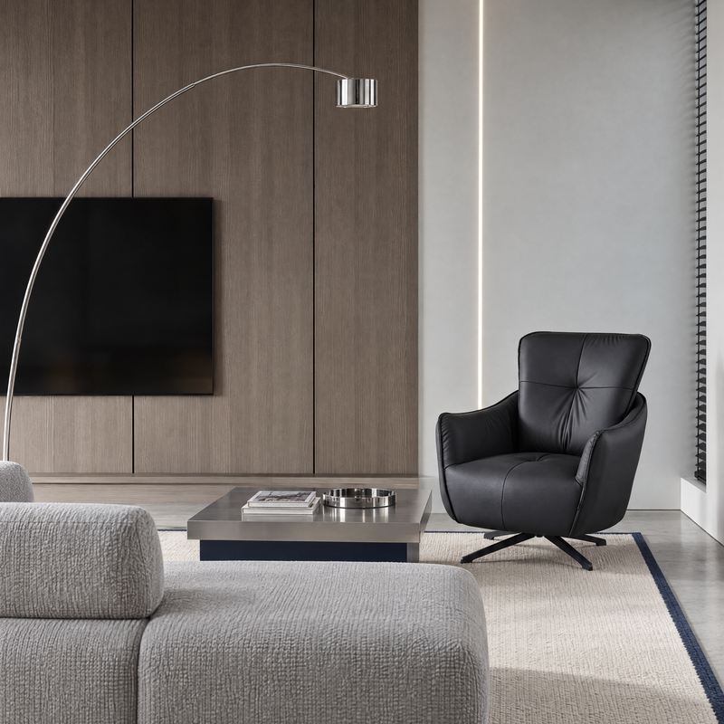 Fauteuil pivotant M-259, similicuir et pieds en acier, Noir

