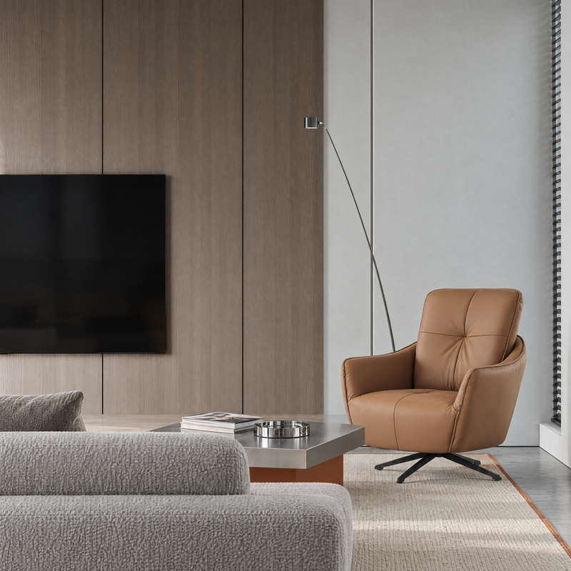 Fauteuil pivotant M-259, similicuir et pieds en acier, Camel
