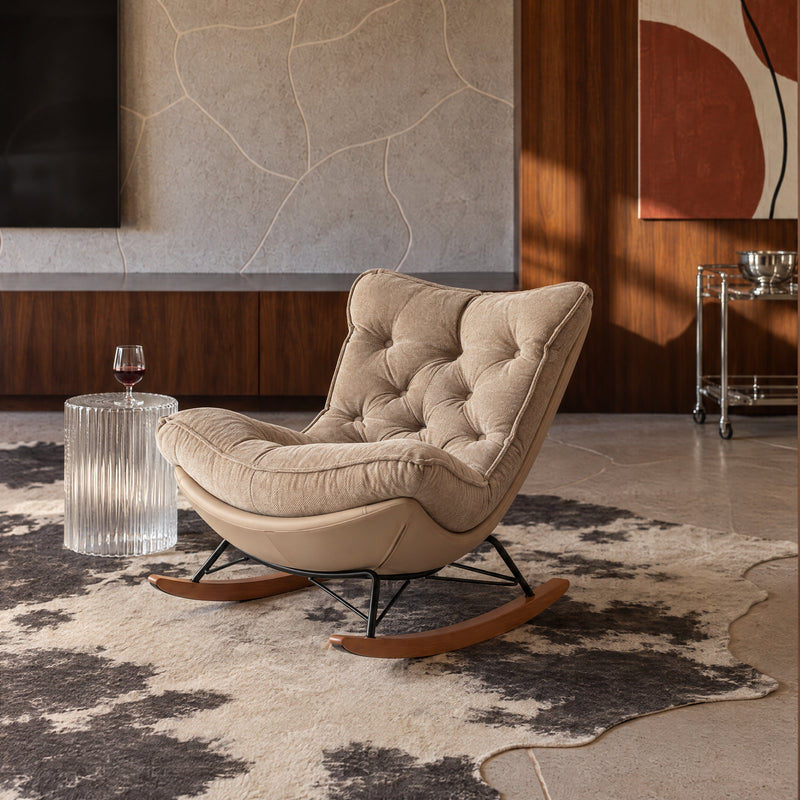 Fauteuil à bascule M-193, tissu et pieds en bois, Beige
