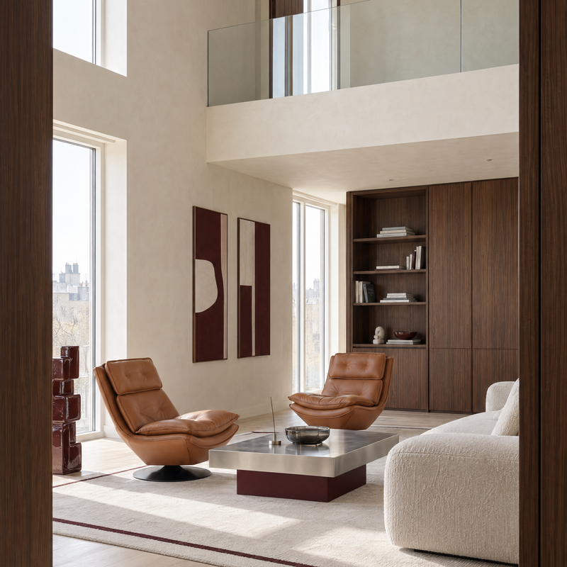 Fauteuil pivotant S-108, capitonné en similicuir, Camel
