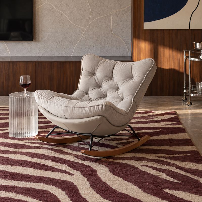 Fauteuil à bascule M-193, tissu et pieds en bois, Gris clair
