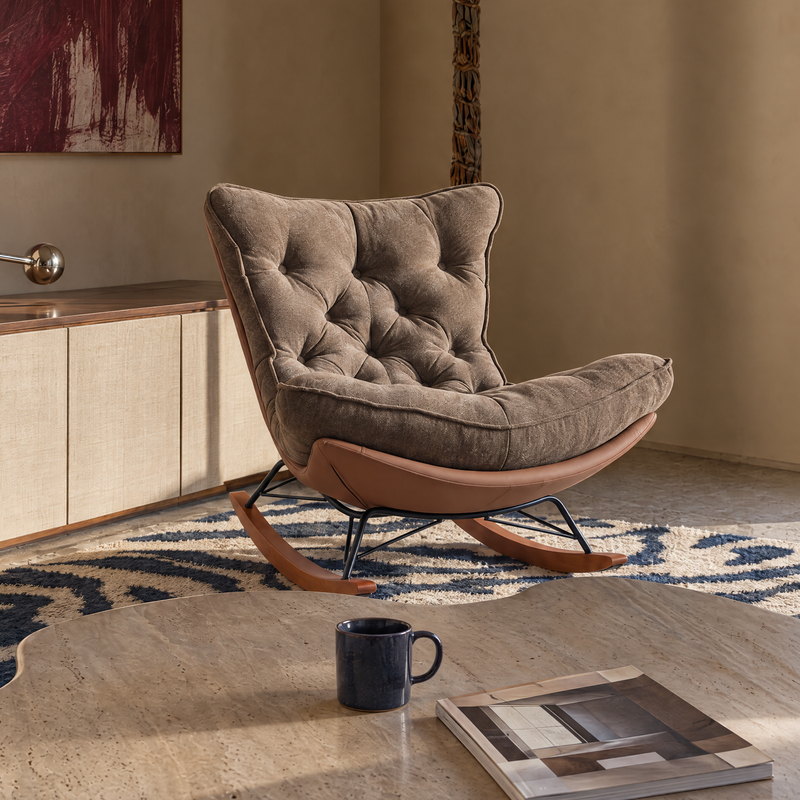 Fauteuil à bascule M-193, tissu et pieds en bois, Marron
