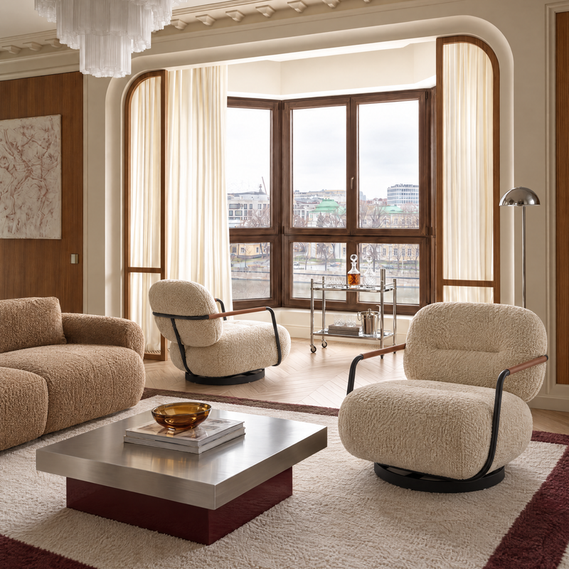 Fauteuil pivotant M-270, tissu bouclé et acier, Crème
