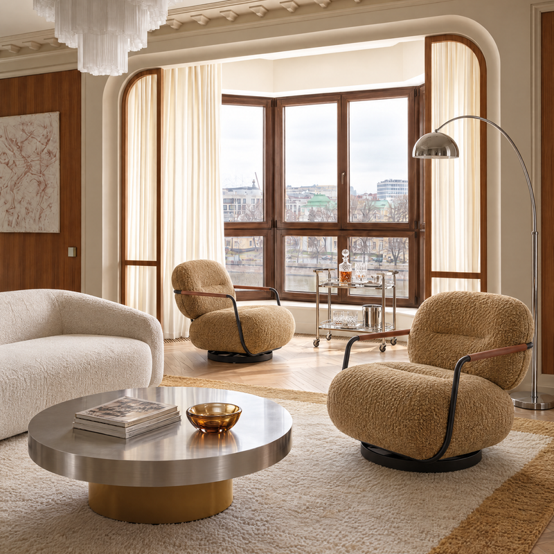 Fauteuil pivotant M-270, tissu bouclé et acier, Beige
