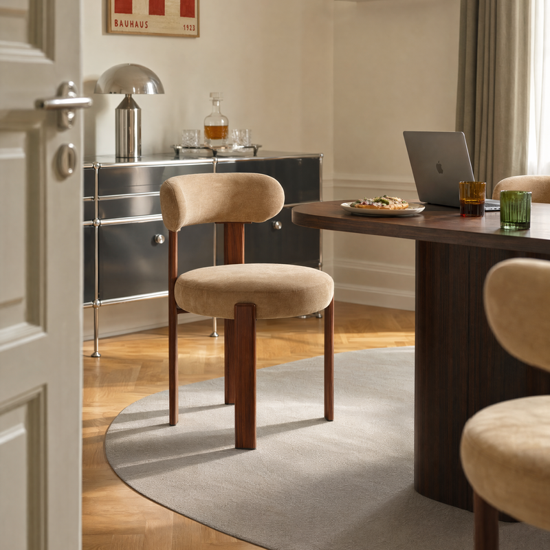 Chaise de salle à manger HT1242, dossier arrondi et pieds métal, Beige
