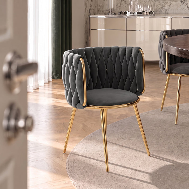 Chaise de salle à manger 1290, velours et dossier tressé, Gris foncé
