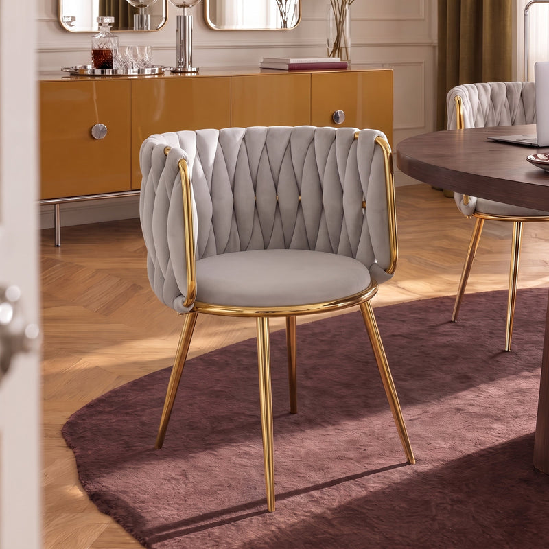 Chaise de salle à manger 1290, velours et dossier tressé, Gris clair

