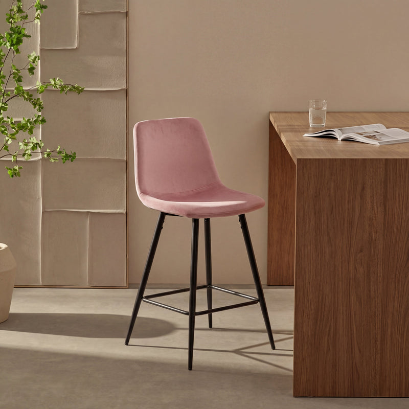 Tabouret de bar DR257, assise en velours et pieds en acier, Rose
