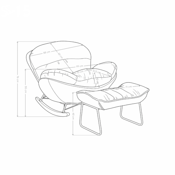 Fauteuil à bascule S-15, avec repose-pieds et patins en bois