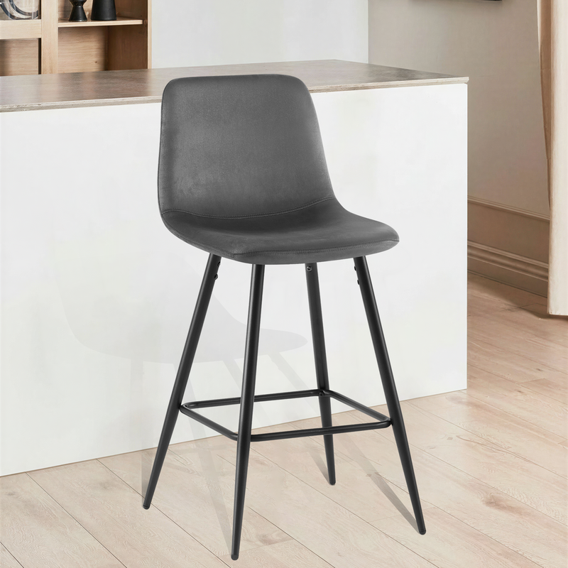 Tabouret de bar DR257, assise en velours et pieds en acier, Gris
