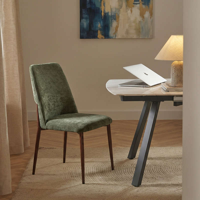 Chaise de salle à manger 6385, rembourrée et pieds en métal, Vert
