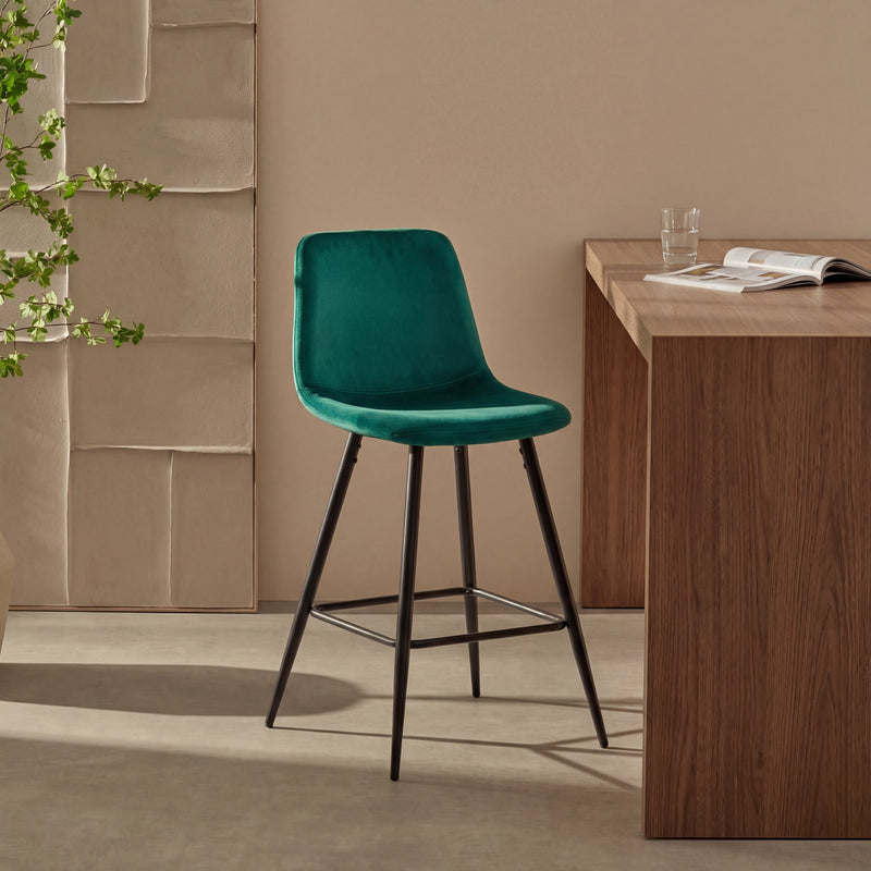 Tabouret de bar DR257, assise en velours et pieds en acier, Vert
