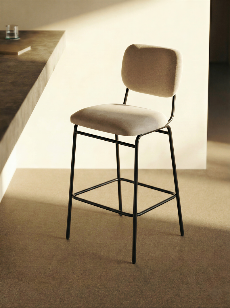 Tabouret de bar DR256, velours et pieds en acier, Beige

