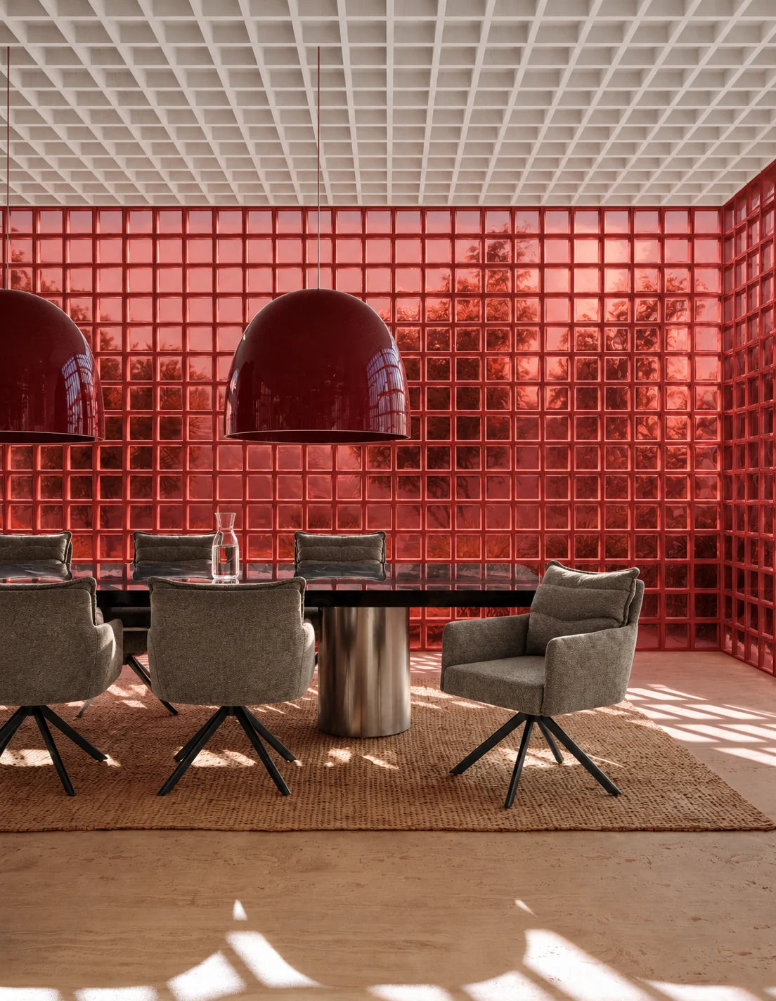 Chaises grises devant un mur de pavés de verre rouge