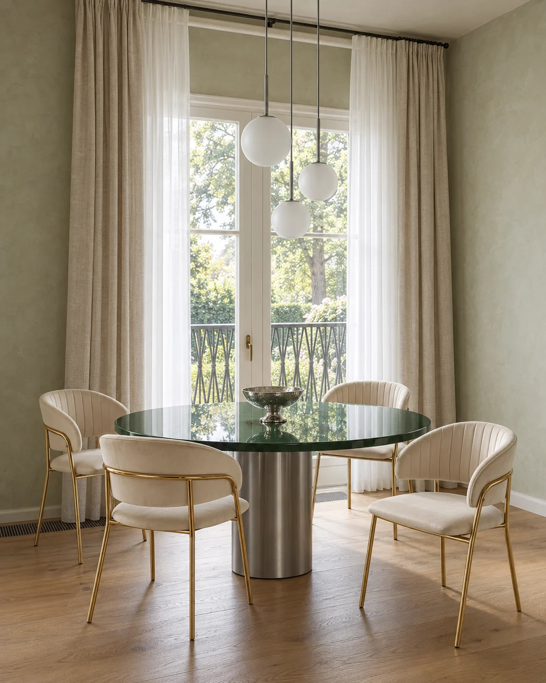 Chaises crème autour d'une table ronde, devant une porte-fenêtre
