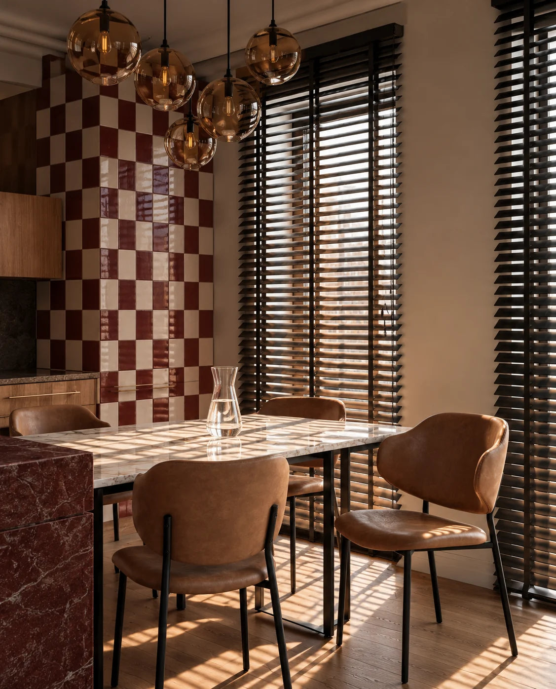 Chaises brunes devant un mur en damier bordeaux