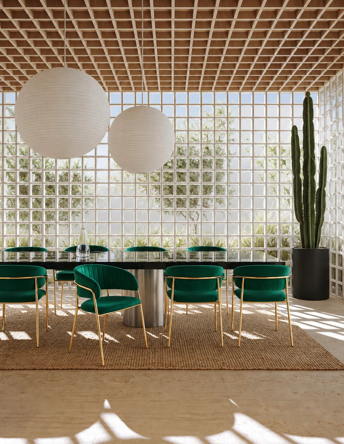 Chaises vertes le long d'une grande table, devant un mur de claustras
