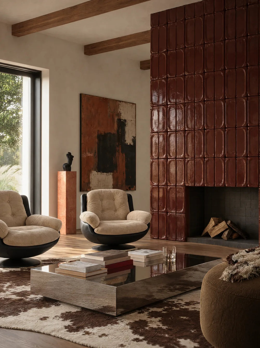 Deux fauteuils et une table basse devant une cheminée